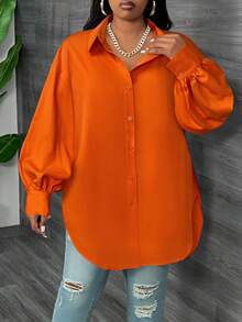 SHEIN CURVE+ Áo sơ mi tay dài màu trắng tay đèn lồng cỡ lớn, mùa xuân - trái cam - Xem 5