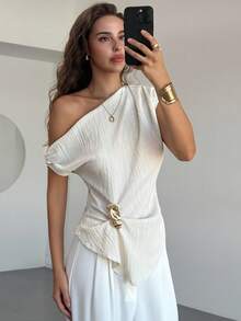 Aloruh Women's Solid Color Pleated Asymmetric Shoulder Fashion Blouse,Summer Top - Apricot - View 7