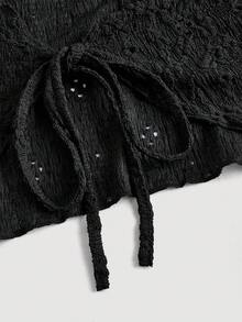 SHEIN MOD Áo khoác cardigan buộc dây cổ chữ V tay chuông ngắn retro dành cho nữ màu đen - màu đen - Xem 3