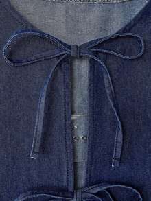 Maija Women's Dark Blue Denim Top Casual Knotted Denim Long-Sleeved Shirt, Autumn Vintage Shirt Going Out Tops