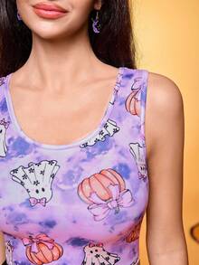 Notgurli Y2K Playful Girl Ghost 扎染印花背心和短裤女式睡衣套装，万圣节 - 彩色 - 查看 8