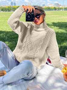 EURMUSE Women Turtleneck Cable Knit Hot Pink Sweater Soft Touch,Jumper,Cream Jumper,Jumpers,Christmas Jumper,White Jumper,Black Jumper,Ladies Jumper,Women's Jumpers - Apricot - View 3