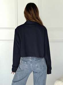 SHEIN EZwear Áo khoác dệt ngắn thời trang cổ ve hai hàng khuy dài tay màu trơn dành cho nữ - Màu xanh hải quân - Xem 2
