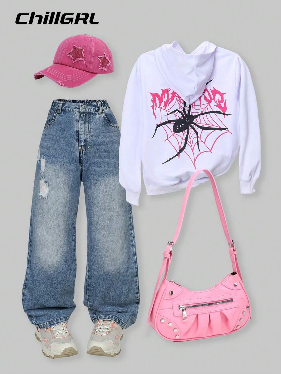 SHEIN ChillGRL 2pcs/Set Tween Girl Casual Spider Print Hooded Sweatshirt And Distressed Jeans Outfit, Back To School Clothes - White - View 1