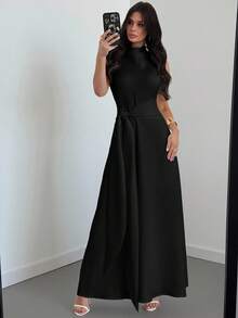 Firerie 春夏新款优雅浪漫约会/休闲通勤白色褶皱领无袖束腰系带高开衩喇叭长裙，适合度假、通勤、情人节、婚礼季、返校季、秋季女装、乡村风女装、外出上衣、机场旅行装、全白连衣裙、机场女装、全白派对女装、办公室女装 - 黑色 - 查看 8