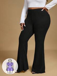 Hourglow Ceceforeign_ Plus Size Elastic Waist Casual Wide Leg Long Ribbed Flare Pants, Suitable For Autumn And Summer, For Hourglass Body Shape