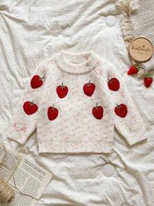 SHEIN Vintaside Kids 幼儿秋冬新款可爱草莓圆领针织毛衣、波点上衣适合春季、秋季、冬季、户外旅行、休闲活动、户外玩耍 - 彩色 - 查看 4