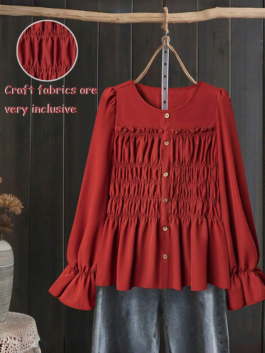 Linhara Plus Size French Round Neck Puff Sleeve Pullover Long Sleeve Non-Stretch Blouse, Suitable For Spring/Autumn Women, Slimming Flared Hem Top Fall Cloth For Women - Red - View 1