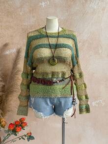 Soleia Frauen Große Größen Farbverlauf gestreifter Pullover mit Ausschnitten, Rundhalsausschnitt, Langarm, Herbst Winter Kleidung für Frauen - Verschiedenfarbig - Übersicht 1