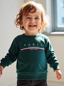 SHEIN Baby Boy Casual Paris Letter Printed Rib Trim Long Sleeve Sweatshirt, Spring/Autumn/Winter,Baby,6M-3T Fall - Dark Green - View 5