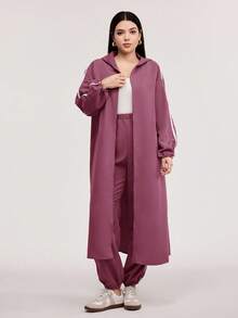 Veilorie Contrast Tape Side Hooded Coat & Pants 2 Pieces Set - Dusty Pink - View 5