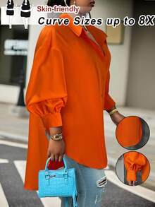 SHEIN CURVE+ Áo sơ mi tay dài màu trắng tay đèn lồng cỡ lớn, mùa xuân - trái cam - Xem 7