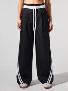 Fluxe Pantalones de chándal casuales holgados con cintura elástica y contraste de colores retro - Negro - Ver 2