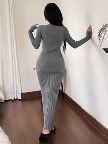 DAZY 简约罗纹针织修身V领女士家居服连衣裙，秋季睡衣