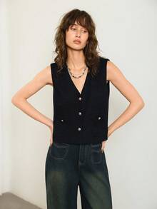 ATUI Studio 女士时尚高端黑色优雅V领单排扣西装背心，秋冬季款 - 黑色 - 查看 5
