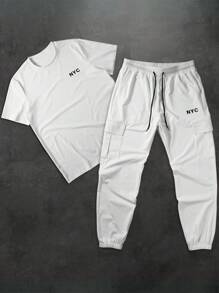 Manfinity Homme 男士字母印花圆领短袖T恤和休闲工装裤套装 - 白色 - 查看 2