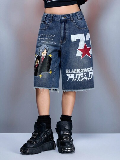 Black Jack X ROMWE Damen Lässig Fashion Street Chic Cartoon Charakter & Pentagramm Buchstaben Muster Roher Saum Weite Bein Denim Caprihose