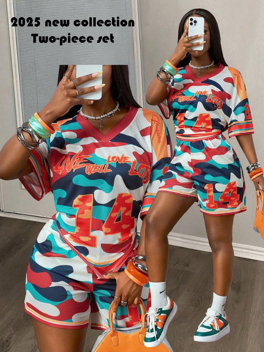 Slaydiva 2025 Summer New College Style Back-To-School Birthday Party Daily Casual Wear Resort Influencer Punk Rock Sports Jersey Loose Crew Neck Short Sleeve T-Shirt And Shorts Set, Camouflage Digit Print, Semi-Sheer, Women 2pcs Suit - Multicolor - View 1