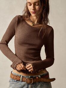 Bohemela Vacation Casual Solid Color Knit Long Sleeve Round Neck Women T-Shirt,Brown Top Brown Clothes Coffee Brown Top Brown Top Women Brown Long Sleeve Top - Brown - View 6