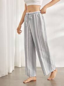 Ocili 休闲女士舒适棉质抽绳腰宽松条纹长款休闲裤，家居服下装，秋季 - 藏蓝色 - 查看 5