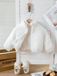 SHEIN Babygirl 蓬松白色立领夹克，百搭秋冬 - 白色 - 查看 1