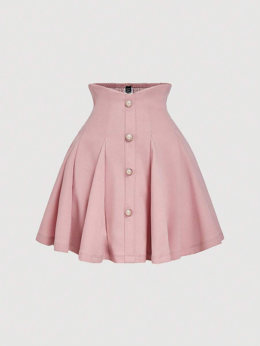 SHEIN MOD Women's Elegant Retro Palace Style High Waist Flared Faux Pearl Decor Pink Skirt, Suitable For Collegiate Dates, Parties, Holidays, Tea Birthday - Pink - View 1