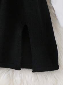 SHEIN 1 件女童简约休闲优雅无袖开衩设计常规厚度圆领百搭黑色针织长款毛衣，日常休闲装，春秋季 - 黑色 - 查看 5