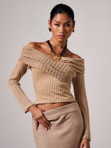 COSMINA Women's Elegant Ruched Foldover Off Shoulder Hollow Out Fitted Cropped Top, Spring/Autumn - Army Green - View 1