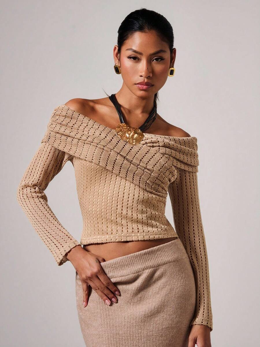 COSMINA Women's Elegant Ruched Foldover Off Shoulder Hollow Out Fitted Cropped Top, Spring/Autumn - Army Green - View 1