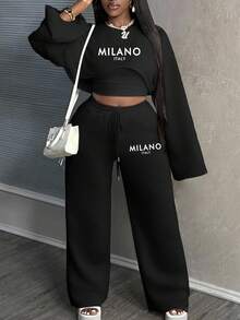 Slaydiva 3pcs MILANO Casual Basic Solid Color Long Sleeve Cropped Top, Camisole, And Loose Pants Women Suit Set Wide Leg Pants Set 2 Pieces Casual Set Women 2 Pieces Lounge Set Women Two Pieces Set Women Pants Two Pieces Set,Fall - Black - View 2