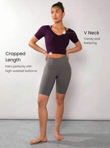 GLOWMODE FeatherFit™ Slim Cropped Length Contour U Back Tee Low Impact Yoga Pilates Daily Summer Baby Tee Gym - Cherry Cola - View 3