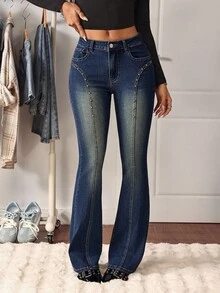 SHEIN Tall Women's Casual Fashion Western Style Versatile Rivet Decor Flare Jeans