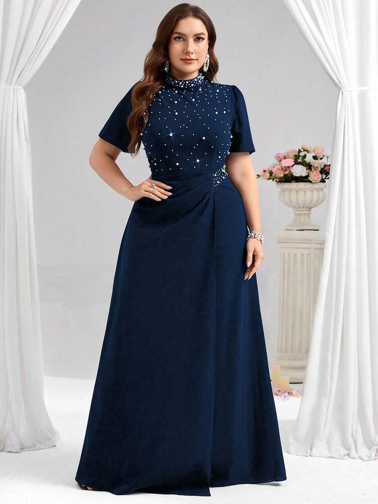 Coutiva Vestido de noche formal con decoración de cuentas para tallas grandes - Azul Marino - Añade 4