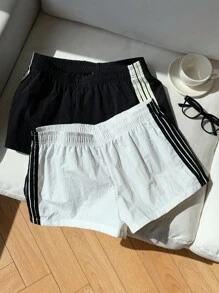 Comfortcana Bộ 2 quần short cạp chun màu tương phản dành cho nữ, mùa hè - Đen và trắng - Xem 3