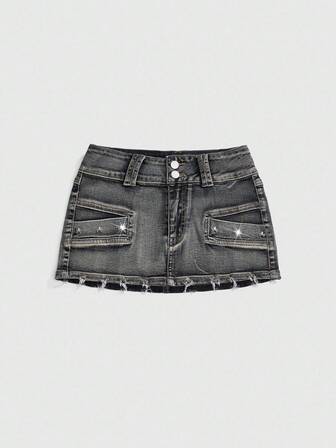 Grunge Punk Minifalda de mezclilla sexy de cintura baja con calavera vintage desgastada y tachuelas para mujeres, estilo Kpop