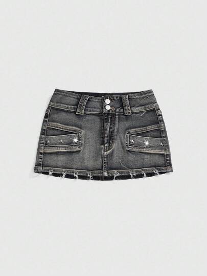 Grunge Punk Kpop Vintage Distressed Skull Studded Low Waist Sexy Denim Mini Skirt For Women