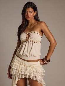 Aloruh Women's Rhinestone Fringe Hem Tube Top, Elegant Party Boho Clothing Tops Fall White Top Y2k Going Out Tops Women - Apricot - View 6