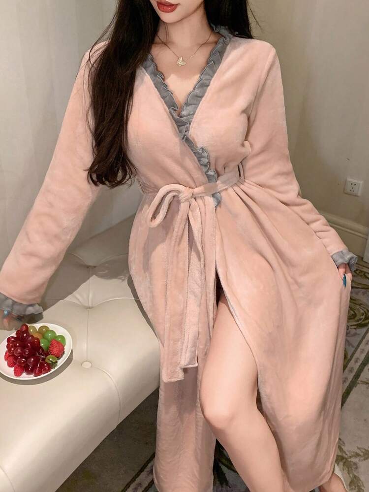 Women's Plush Contrast Color Ruffle Trim Bathrobe, Winter, Fall Fluffy Fleece Robe, Cozy