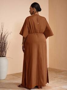 Veslaya 2025 Spring/Summer New Arrival Vacation Casual & Elegant Party & Daily Wear Fitted Solid Khaki V-Neck Raglan Sleeve Waist Tie Slit Hem Woven Textured Fabric Plus Size Maxi Dress