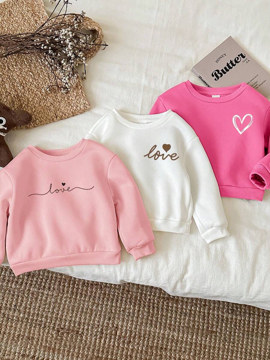SHEIN 3pcs/Set Young Girl Heart Pattern Casual Thick Thermal Lined Long Sleeve Hoodies, White, Pink, Dusty Pink Chic Outfits For Autumn/Winter Fall