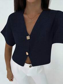 Aloruh New Minimalist Fashion Commuter Deep V-Neck Short Sleeve Thin Double-Button Cinched Waist Fitted Casual Cardigan,Fall - Navy Blue - View 6