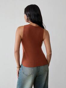 Islaluna Chaleco de punto acanalado con botones para mujer, informal - Café integral - Ver 2