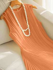 Qadelle Women Elegant Pleated Orange Dress, Perfect For Commute, Holiday, Date - Orange - View 5