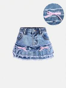 SHEIN 女婴可爱粉色蝴蝶结蓝色牛仔裙，女童春夏休闲度假乡村波西米亚风装，女童沙滩装，女童节日 - 淺色水洗藍 - 查看 1