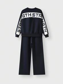 JNSQ Set de 2 piese pentru băieți, bluză cu guler rotund și mânecă lungă, cu imprimeu cu litere în blocuri de culori pe spate, asortată cu pantaloni lungi de trening, potrivită pentru toamnă, iarnă, purtare zilnică, activități în aer liber, vacanță, streetwear, petrecere, casual