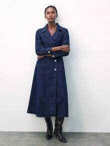 Maija 女式休闲前扣腰收腰长袖牛仔连衣裙，秋季 - 深色水洗藍 - 查看 6