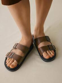 Solecia Retro Leather Flat Double Buckle Slippers For Men, Versatile Beach Wear, New 2025 Summer Collection - Bronze - View 4