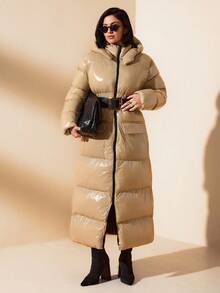EURMUSE Chaqueta casual con capucha de invierno para mujer, de unicolor, de manga larga, con cremallera y bolsillo delantero - Caqui - Ver 5