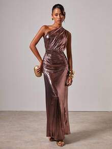 COSMINA Women's Shiny Asymmetrical Shoulder Dress Formal Dress Rose Gold Dress One Shoulder Dress - Purple - View 3