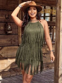 SHEIN LUNE Váy dự tiệc Boho không tay cổ yếm phong cách Hippie Rock dành cho nữ cỡ lớn lễ hội âm nhạc phương Tây - xanh quân đội - Xem 1